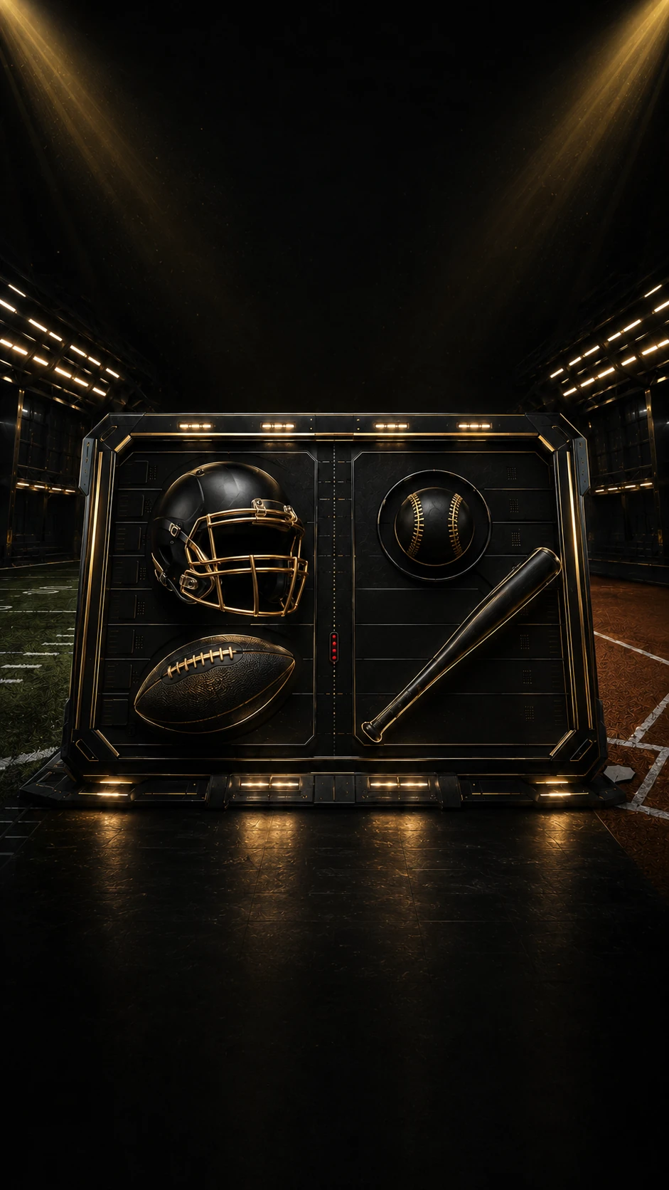 Dark stadium tunnel with a gold-trimmed equipment board holding a football helmet, football, baseball and bat